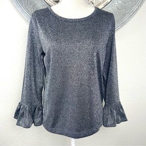 J. Crew Sparkle Bell Sleeve Top- Metallic Black Gray Long Sleeve- NWOT-  Medium